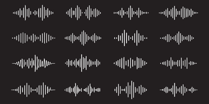 Podcast sound waves. Audio waveforms line icons, sound wave frequency or voice microphone signals. Music, podcast and broadcast, UI and audio branding design. Isolated vector set