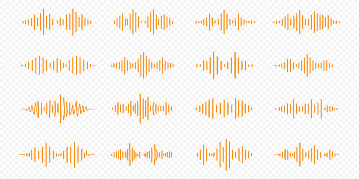 Podcast sound waves. Audio waveforms line icons, sound wave frequency or voice microphone signals. Music, podcast and broadcast, UI and audio branding design. Isolated vector set