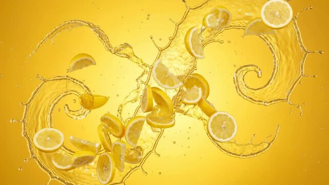 Slow motion fresh lemon slices rotating in yellow liquid splash, citrus juice swirl, vibrant yellow background, dynamic droplets, refreshing concept, 4K video