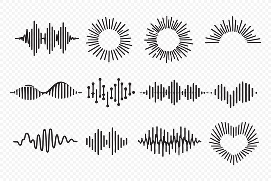 Audio and sound wave line icon set with microphone speaker mute volume frequency signal symbols for apps. Icons for hearing care: hearing aid device sound wave propagation audiogram chart with hearing