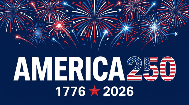 United States 250th Independence Day Celebration Banner with Fireworks and Red White Blue Colors