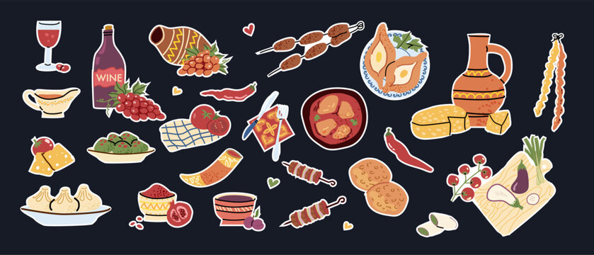 Georgian cuisine dishes sticker set in retro cartoon. Food of Georgia: khinkali, khachapuri, wine, chakhokhbili, cheese. Georgian meal and ingredients. Phali
