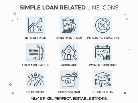Simple loan related line icons set.