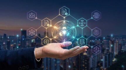 Fototapeta premium Hand holding a glowing digital cube connected to various blockchain and IoT icons floating above a blurred city skyline at night representing advanced technology and secure data