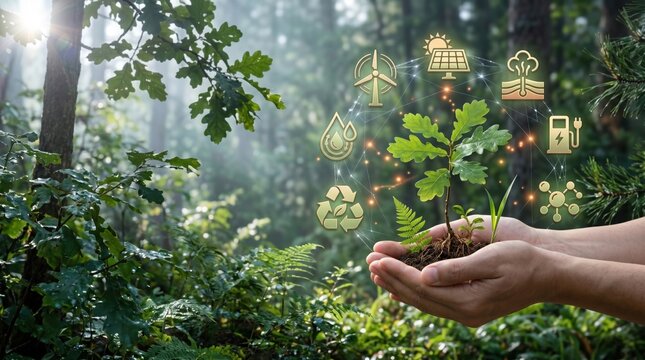 Hands holding a young oak sapling surrounded by renewable energy icons like wind, solar, and water in a lush green forest environment representing sustainability.