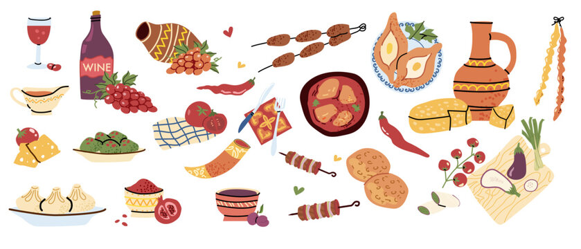 Cartoon Georgian cuisine elements set in retro style. Food of Georgia: khinkali, khachapuri, wine, chakhokhbili and more. Georgian sauces, meals, desserts isolated. Flat vector illustration.