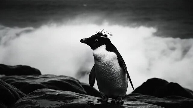 Black and White Dramatic Image of a Crested Penguin Standing on Coastal Rocks with Surging Ocean Waves