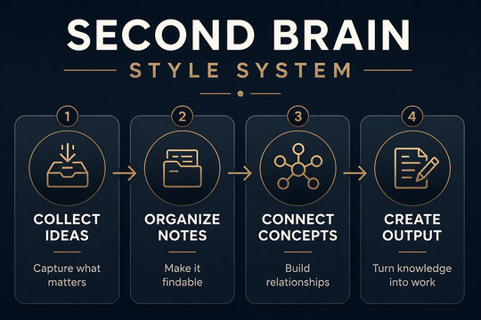 An infographic illustrates the four steps of a Second Brain style system: Collect Ideas, Organize Notes, Connect Concepts, and Create Output.