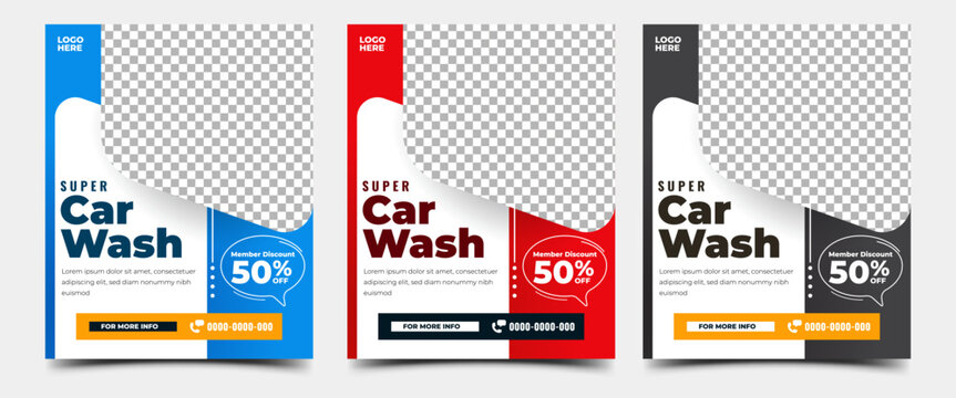 Modern car wash social media template for automotive service promotion, vehicle detailing, special offers, discounts, and campaigns. Editable vector design.