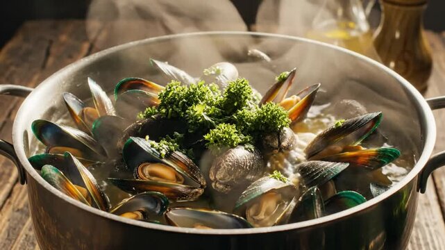Delicious steamed mussels with fresh herbs simmering in a pot on a rustic wooden table