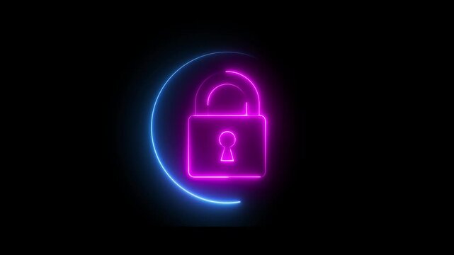 Glowing neon pink and blue color security lock icon animation encryption privacy protection secret padlock icon on black background	