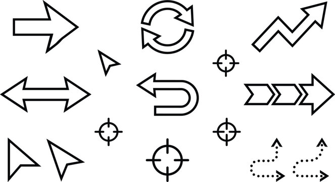 Arrow navigation growth line icons vector set for website business strategy pointer cursor process target refresh loop return