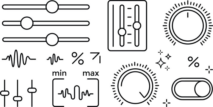 Audio control sliders and knobs line icons vector set for sound mixer equalizer volume settings music technology interface