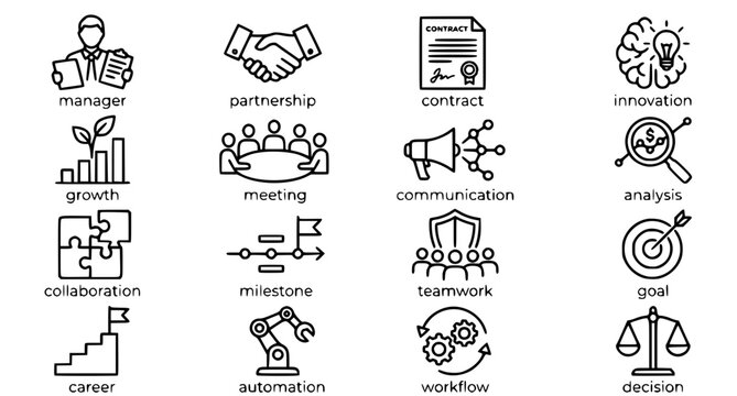 Management linear icons set with teamwork partnership contract growth and business collaboration symbols vector