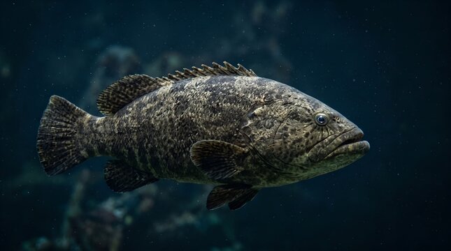 A close up view of a large grouper fish swimming underwater in the ocean.