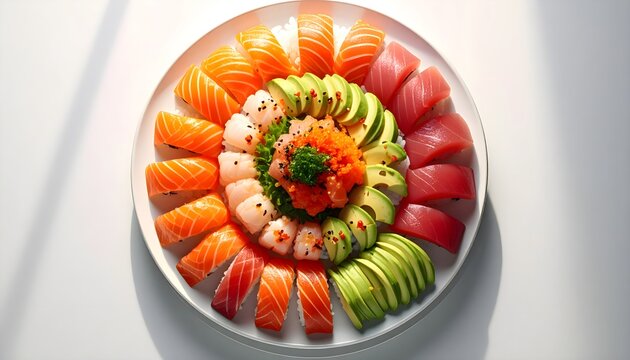 colorful japanese sushi platter arranged in a circular pattern with salmon, tuna, avocado and maki rolls