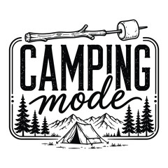 Camping Mode Typography Design with Tent Mountains and Marshmallow Vector Illustration © TAPU SHAHA