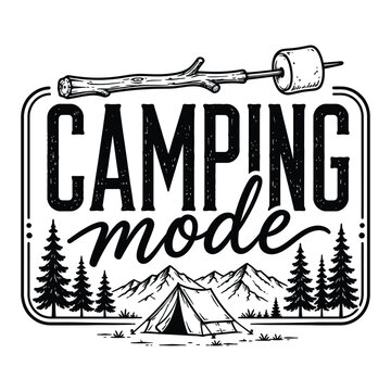 Camping Mode Typography Design with Tent Mountains and Marshmallow Vector Illustration