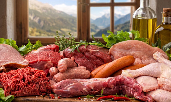 Variedad de carnes crudas frescas sobre una mesa r&uacute;stica con ventana y paisaje de monta&ntilde;a al fondo