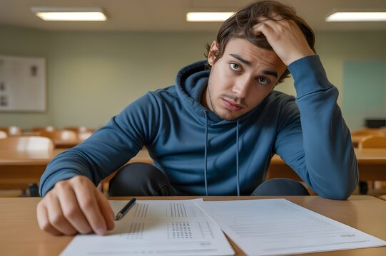 Estudiante joven estresado y preocupado haciendo un examen dif&iacute;cil en el aula de la universidad