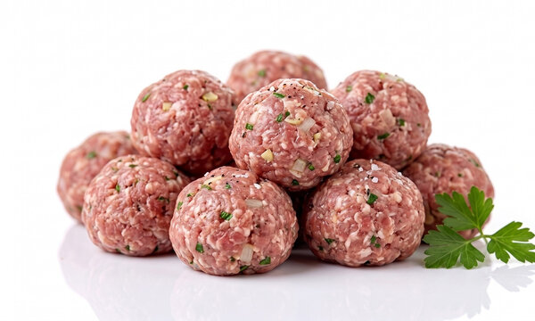 Alb&oacute;ndigas de carne picada cruda con especias y perejil fresco aisladas sobre fondo blanco