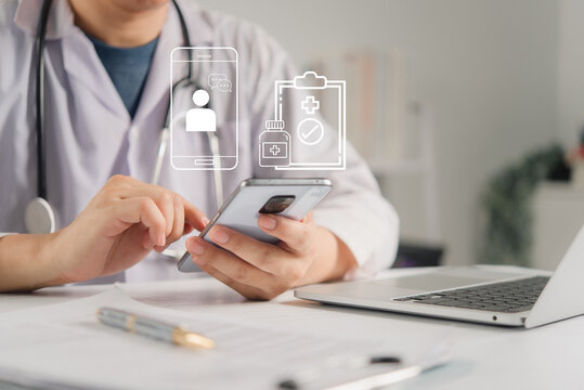 Telemedicine online medical consultation doctor using smartphone patient chat application virtual clinic digital healthcare technology remote treatment ehealth smart application