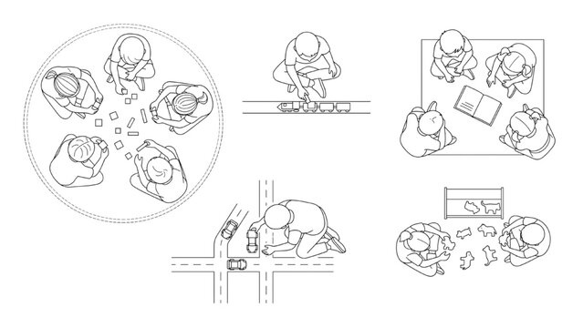 CAD Style Top View Children Figures Vector Set for Architectural Floor Plans Educational Layouts and Design Projects