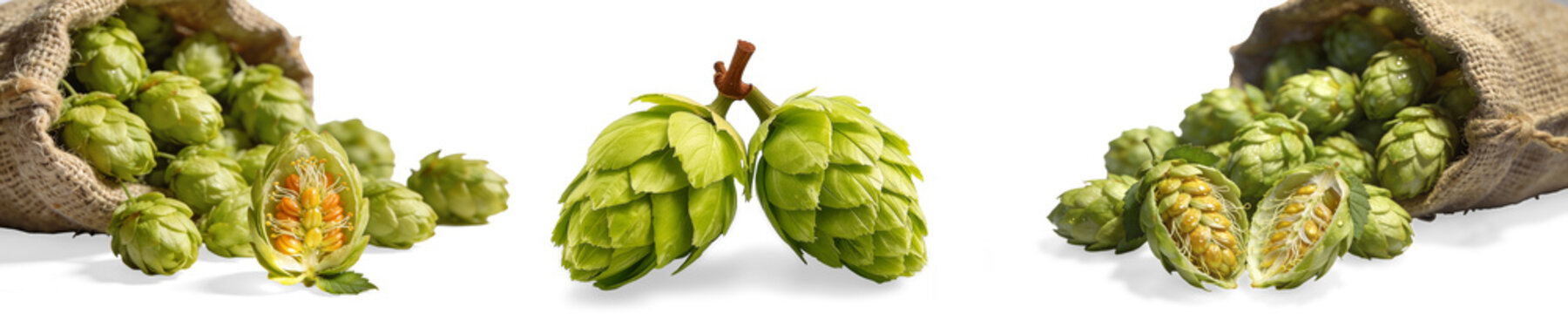 Fresh Assorted Vegetables Collection with Humulus Lupulus (Hops) Plant and Green Hop Cones Isolated on Transparent Background &ndash; High Quality PNG Set. 