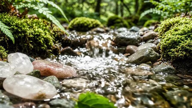 Close-up forest stream with mossy rocks and clear water