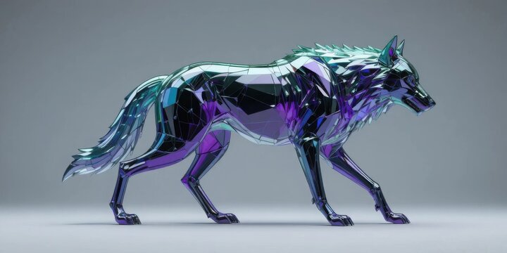Futuristic metallic holographic wolf sculpture iridescent geometric polygonal predator abstract 3d digital art illustration