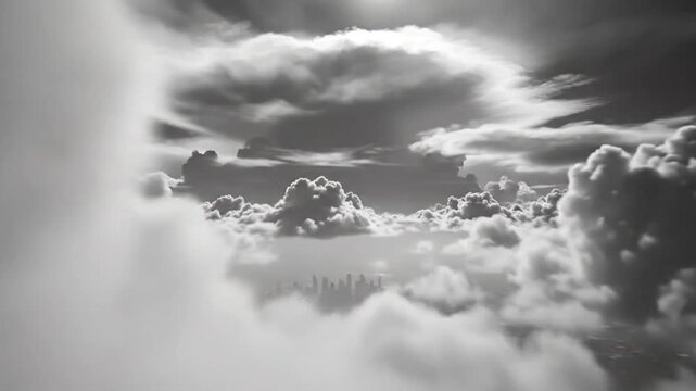 Epic cloudscape panorama revealing a city skyline beneath dark atmospheric skies, monochrome imagery.