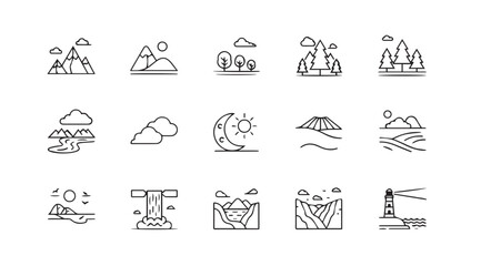 Fototapeta premium Linear landscape icons with mountains rivers clouds and lighthouse for nature concepts