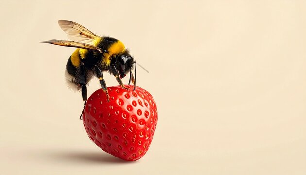 Bee sitting on ripe strawberry with beige background