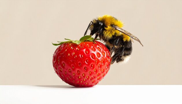 Bee sitting on ripe strawberry with beige background