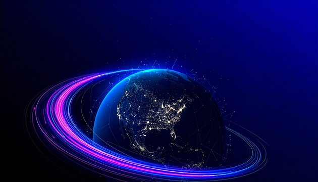 Glowing digital Earth with neon light trails