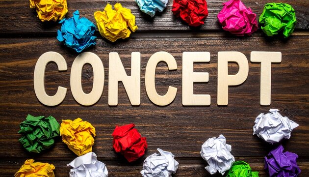 Concept word with colorful crumpled papers on wooden background