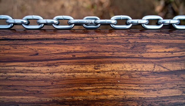 Parallel silver chains placed horizontally on wooden textured background
