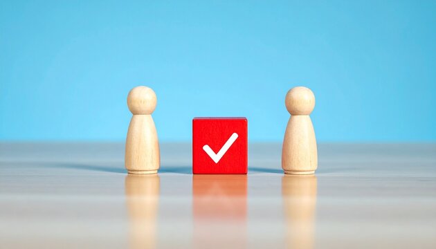 Wooden figurines with red cube and check mark