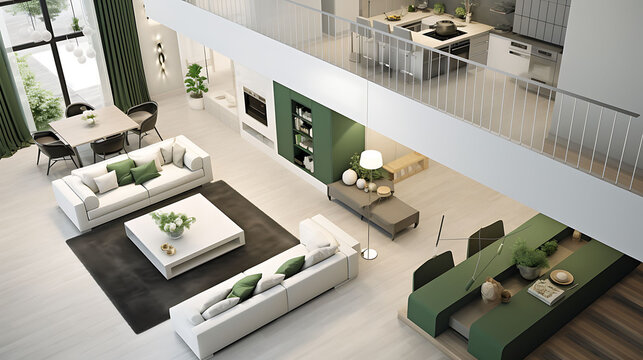 Open-concept duplex with top-down 3D view, natural split between sleeping loft and living area, matte stone floors, dark green and white colors, full frame image,