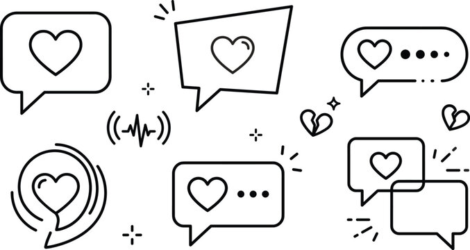 Chat bubble heart icon set black linear vector icons collection for social media communication love message graphic design