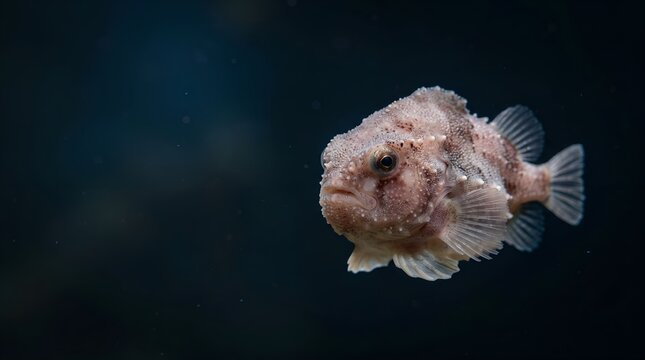 A detailed close-up shot of a unique lumpfish swimming in deep water.