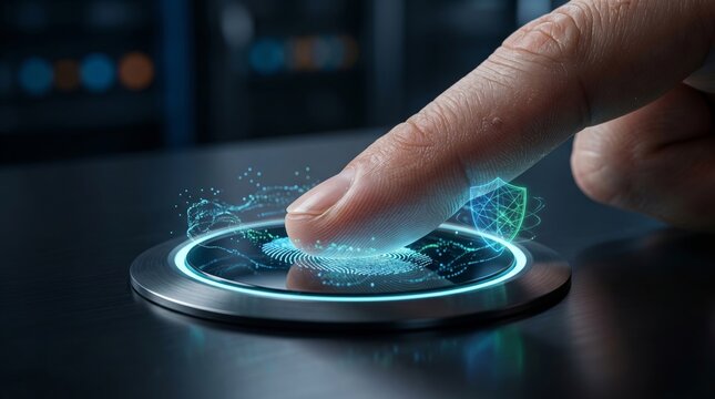 Biometric fingerprint scanner with green shield interface for secure corporate system login close up
