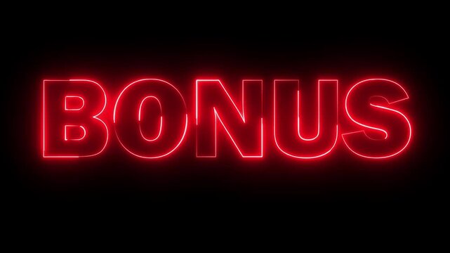 Neon BONUS text icon animation glowing red color business poster template signboard alphabet font letter word banner sign seamless light effect footage on black background