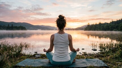 Fototapeta premium Young woman practicing yoga and meditating by a peaceful lake at sunrise.