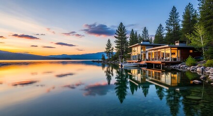 Obraz premium Tranquil lakeside home with sunset reflection and natural landscape