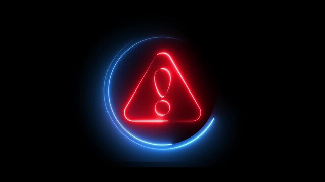 Glowing neon red and blue color warning attention sign icon animation danger risk alert error stop signal emergency hazard problem issue sign symbol on black background	