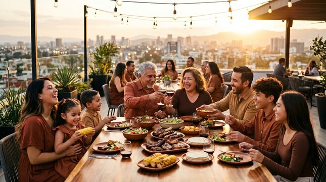Multi-generational Hispanic family dining and toasting on an urban rooftop patio at sunset