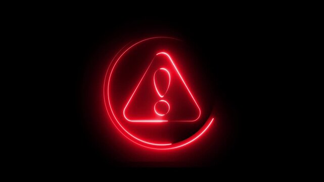 Glowing neon red color warning attention sign icon animation danger risk alert error stop signal emergency hazard problem issue sign symbol on black background	