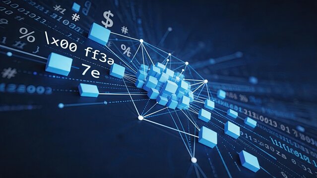 Abstract 3D digital data blocks, network connection lines, binary code background, futuristic technology concept for big data analytics, cloud computing, blockchain encryption and