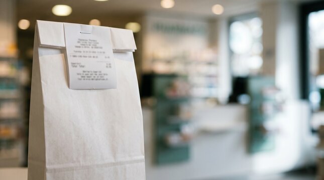 Paper prescription bag with receipt on counter in modern blurred pharmacy.